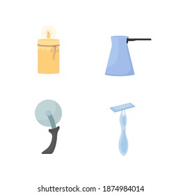 Haushaltsgeräte mit flachen Farben, Vektorobjektset. Brennende Kerze. Kaffeekanne zum Brauen. Pizzagradmesser. Interne Tools, einzelne Cartoon-Illustrationen für Web-Grafik-Design und Animation