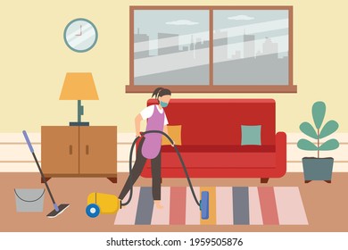 Household Vector Concept: Female Servant Working With Vacuum Cleaner At Home While Wearing Face Mask