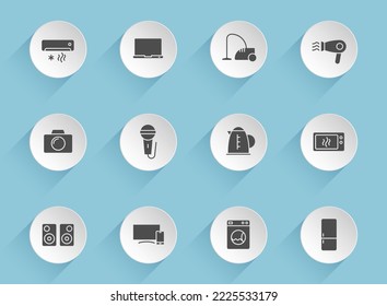 household vector icons on round puffy paper circles with transparent shadows on blue background. household stock vector icons for web, mobile and user interface design