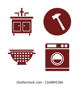 household vector icons set. with hammer, washer, colander and faucet in set