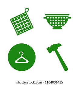 household vector icons set. with hanger, hammer, oven mitts and colander in set