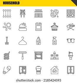 household vector line icons set. cotton swab, safety pin and rake Icons. Thin line design. Modern outline graphic elements, simple stroke symbols stock illustration