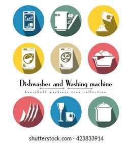 Household washing equipment  flat icon set. Includes dishwasher, washing machine. Icons colorful flat round style.