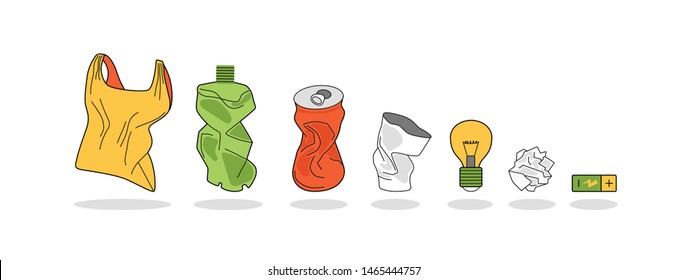 Household waste, garbage. Crumpled package, tin, bottle, plastic Cup, paper. As well as a light bulb and battery. Vector image on white background