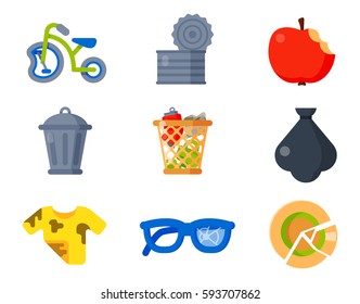 Household waste garbage icons vector illustration trash recycling ecology environment isolated recycle concept plastic paper symbol can bin eco