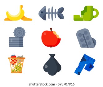 Household waste garbage icons vector illustration trash recycling ecology environment isolated recycle concept plastic paper symbol can bin eco