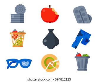 Household waste garbage icons vector illustration trash recycling ecology environment isolated recycle concept plastic paper symbol can bin eco