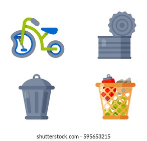 Household waste garbage icons vector illustration trash recycling ecology environment isolated recycle concept plastic paper symbol can bin