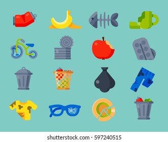 Household waste garbage icons vector illustration trash recycling ecology environment isolated recycle concept plastic paper symbol can bin eco