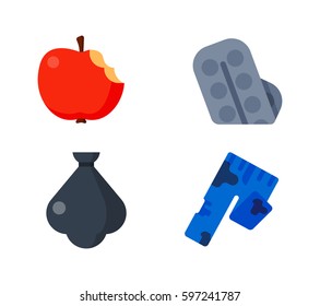Household waste garbage icons vector illustration trash recycling ecology environment isolated recycle concept plastic paper symbol can bin eco