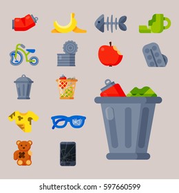 Household waste garbage icons vector illustration trash recycling ecology environment isolated recycle concept plastic paper symbol trash waste can bin eco