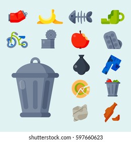 Household waste garbage icons vector illustration trash recycling ecology environment isolated recycle concept plastic paper symbol can bin eco