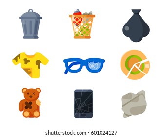 Household waste garbage icons vector illustration trash recycling ecology environment isolated recycle concept plastic paper symbol can bin eco