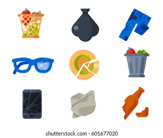 Household waste garbage icons vector illustration trash recycling ecology environment isolated recycle concept plastic paper symbol can bin eco