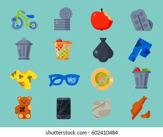 Household waste garbage icons vector illustration trash recycling ecology environment isolated recycle concept plastic paper symbol can bin eco