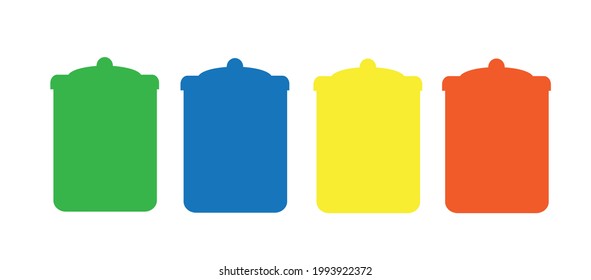 household waste sorting, multi-colored trash bins for separate collection of garbage isolated on a white background, flat design style