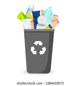 Household waste. Trash bin with garbage. Plastic, paper, glass and other rubbish. Vector illustration