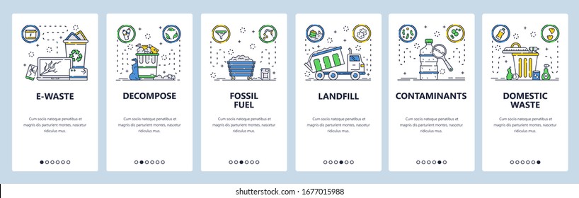 Household waste web site and mobile app onboarding screens. Menu banner vector template for website and application development. Electronic waste, fossil fuel, contaminants. Thin line art flat style.