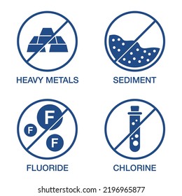 Household water filter properties icons set - removal of heavy metals, sediment, fluoride and chlorine. Pictograms for packaging labeling