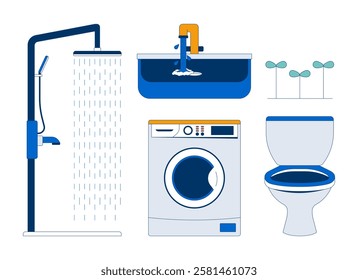 Household water fixtures 2D cartoon objects set. Shower, faucet, washing machine, toilet, plant seedlings isolated elements flat vector cliparts on white background. Spot illustrations collection