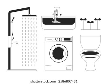 Household water fixtures black and white 2D line objects set. Shower, faucet, washing machine, toilet, plant seedlings isolated clip arts vector outline items collection. Monochrome spot illustrations