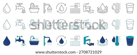 Household water usage and sanitary flow line symbols. Clean drinking, bathing and temperature control icons pack.