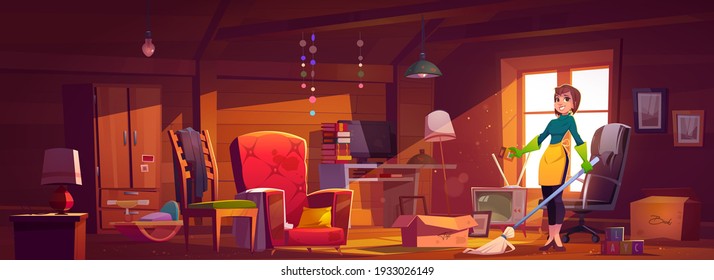 Household woman clean attic room, mother, housewife or cleaning service staff with broom wear rubber gloves and apron stand in messy interior with old furniture and toys, Cartoon vector illustration