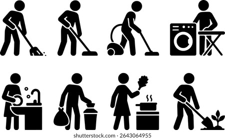 Household-Chores-Silhouettes Black and White Illustration