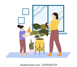 Householder cleaners, daily home routines. Mother and daughter doing household chores, mopping and spraying potted houseplants. Apartment housekeeping by family members vector illustration