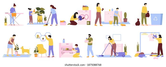 Householder cleaners. Family cleaning house, daily home routines, washing, vacuuming, ironing. Domestic housekeeping vector illustration set. Housekeeping and vacuuming, housewife cleanup routine