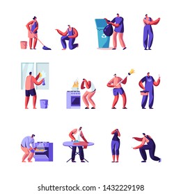 Householders Characters Cleaning Home , Repair Masters Set. People Everyday Routine, Specialists Fixing Technics Service. Housekeeping Management of Duties and Chores. Cartoon Flat Vector Illustration