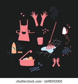 Householding cleaning tools. Housekeeping tool icons.