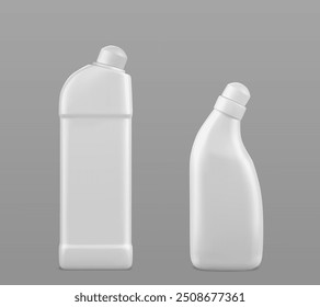Householding detergent white blank plastic bottle mockup. Realistic 3d vector illustration set of laundry and home cleaning liquid or gel chemical product container and packaging for branding design.