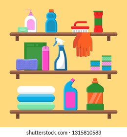 Households goods shelves. Chemical detergent bottles in laundry service room vector flat composition