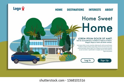 House(home) on the green area surrounding with many green trees landscape and a car on the green yard, and a Mann with a woman’s are running together