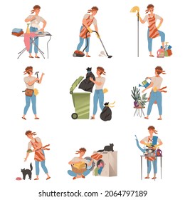 Househusband doing daily routine set. Man ironing clothes, cleaning floor, throwing garbage, feeding pet animal cartoon vector illustration