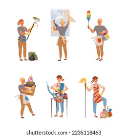 El marido de la casa hace un juego diario de rutina. Hombre joven pintando la pared, limpiando el polvo, lavando la ventana, poniendo ropa en la ilustración vectorial del armario