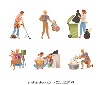 Househusband doing daily routine set. Young man vacuuming floor, throwing garbage, doing laundry, reading book to daughter vector illustration