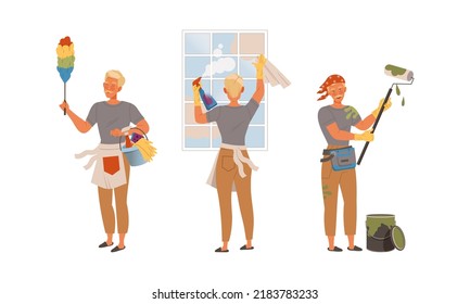 Househusband in everyday routine. Man painting wall with roller paint, wiping dust, washing window vector illustration