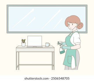 Housekeeper in apron holding cleaning spray bottle . Cleaner from cleaning service cleaning window and desk at office workplace. Hand drawn flat cartoon character vector illustration.