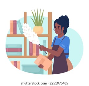 Housekeeper cleaning dust off wood shelves 2D vector isolated illustration. Female housemaid flat character on cartoon background. Colorful editable scene for mobile, website, presentation