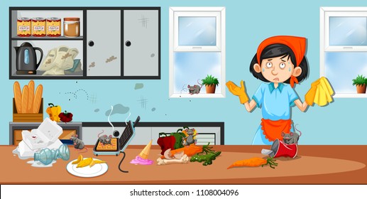 Housekeeper in dirty kitchen illustration