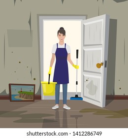 Housekeeper at the entrance with a bucket and mop. Old dirty room. Vector illustration.