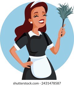 
Housekeeper with Feather Duster Vector Cartoon Illustration. Lovely maid cleaning with professional tools wearing her uniform
