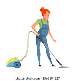 Housekeeper flat vector illustration. Smiling female cleaner in apron cartoon character. Young chambermaid, housekeeping staff. Housemaid occupation