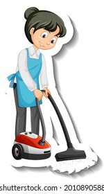 A housekeeper girl using vacuum cleaner sticker illustration