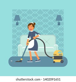 Housekeeper with hoover flat vector illustration. Smiling female cleaner in apron cartoon character. Young chambermaid, housekeeping staff. Hotel room vacuum cleaning service. Housemaid occupation