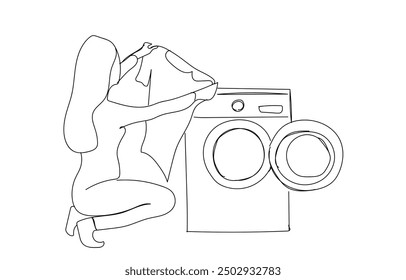 Housekeeper and laundry. Woman near the washing machine. Washing clothes. National Housewife Day. One line drawing for different uses. Vector illustration.