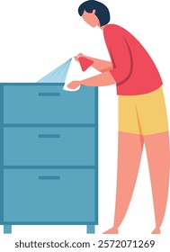 Housekeeper spraying disinfectant on furniture while wiping surfaces with a cloth, maintaining cleanliness and hygiene in both home and office environments for optimal health and safety