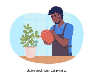 Housekeeper taking care of houseplants 2D vector isolated illustration. Man watering plants regularly flat character on cartoon background. Colorful editable scene for mobile, website, presentation